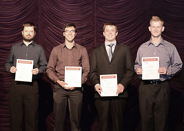 From left to right are Matthew Smith, Travis Roske, Nathan Blundon and Eric Czaczkowski, members of the Lakehead University team that came first in the SNC-Lavalin Undergraduate Plant Design Competition. 