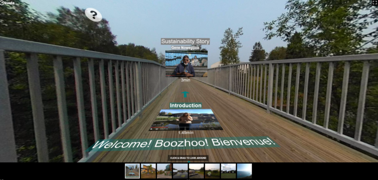 Screenshot of 360 Tour Welcome Page featuring the bridge to the Hangar and various interactive icons