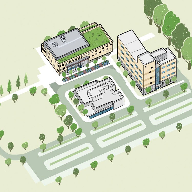An artistic rendering of the Orillia campus. It contains happy little trees and the buildings around Orillia Campus