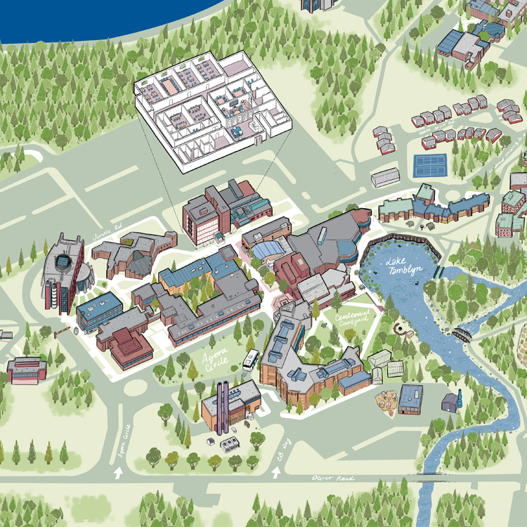An artistic rendering of the Thunder Bay campus. It contains happy little trees and the buildings around Thunder Bay Campus