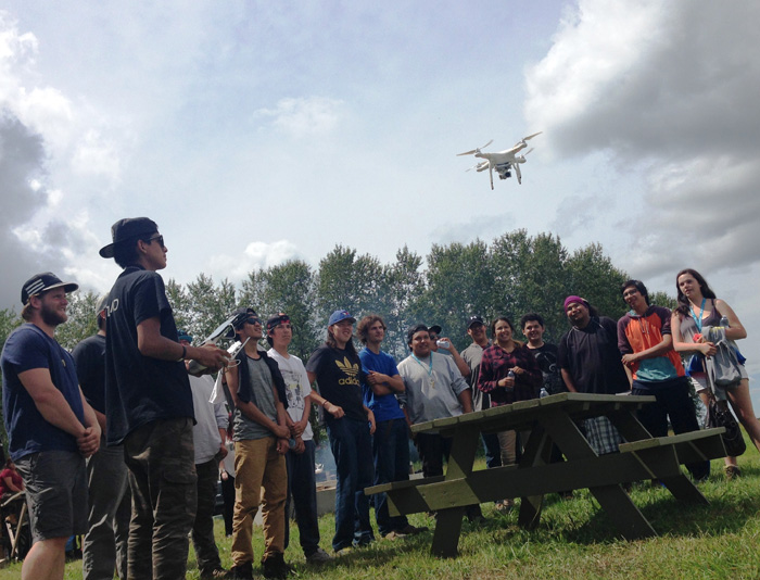 photo of students flying a drone