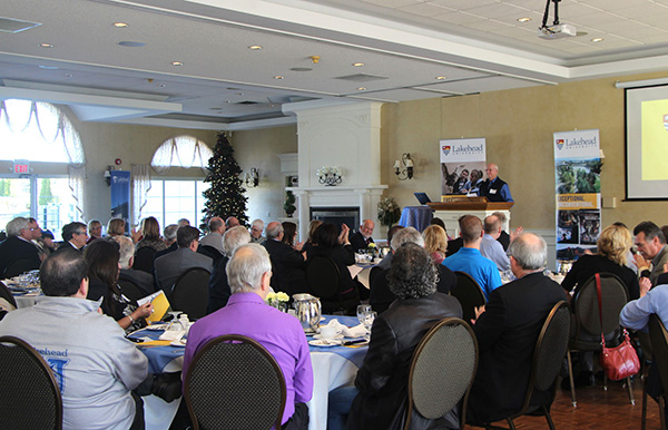  Lakehead University released its 2012-2013 Annual Report at a luncheon on November 13 at Hawk Ridge Golf and Country Club. Shown above (l to r) are Lakehead student Christina Petsinis, who was recognized as a Presidential Scholarship winner; Lakehead University President and Vice-Chancellor Dr. Brian Stevenson; Orillia Campus Acting Dean Dr. Herman van den Berg; and Lakehead student Sami Pritchard, who shared her Lakehead experience with guests. 