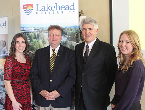 Lakehead University released its 2012-2013 Annual Report at a luncheon on November 13 at Hawk Ridge Golf and Country Club. Shown above (l to r) are Lakehead student Christina Petsinis, who was recognized as a Presidential Scholarship winner; Lakehead University President and Vice-Chancellor Dr. Brian Stevenson; Orillia Campus Acting Dean Dr. Herman van den Berg; and Lakehead student Sami Pritchard, who shared her Lakehead experience with guests. 
