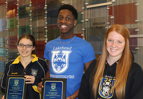 Three Lakehead Orillia athletes were the recent recipients of the Plastics Protect & Holliswealth Athletic Achievement Award: (l to r) Jocelyn Nicholls, dance; Akeem Are, basketball; and Kaitlyn Mulholland, women’s soccer.