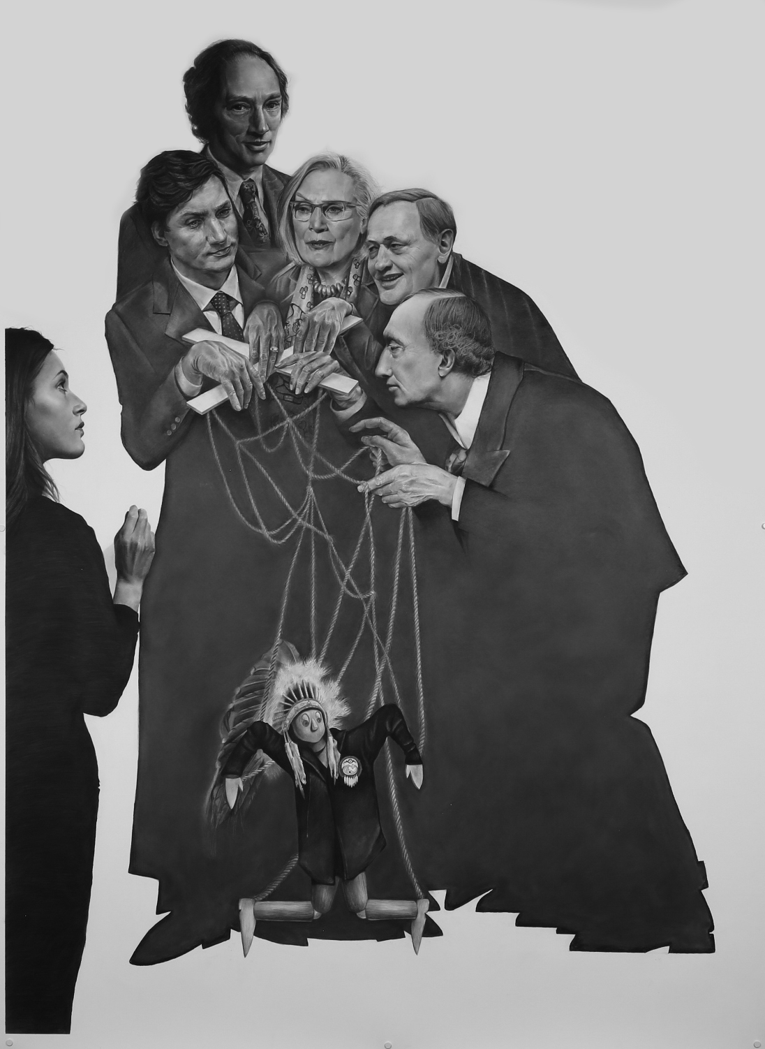 Pencil drawing entitled "Reconcile What" featuring Mary McPherson looking at Canadian prime ministers Justin Trudeau, Pierre Elliot Trudeau, Jean Chretien, and Sir John A. MacDonald, along with former Crown-Indigenous Relations Minister Carolyn Bennett, controlling a puppet of an Indigenous chief