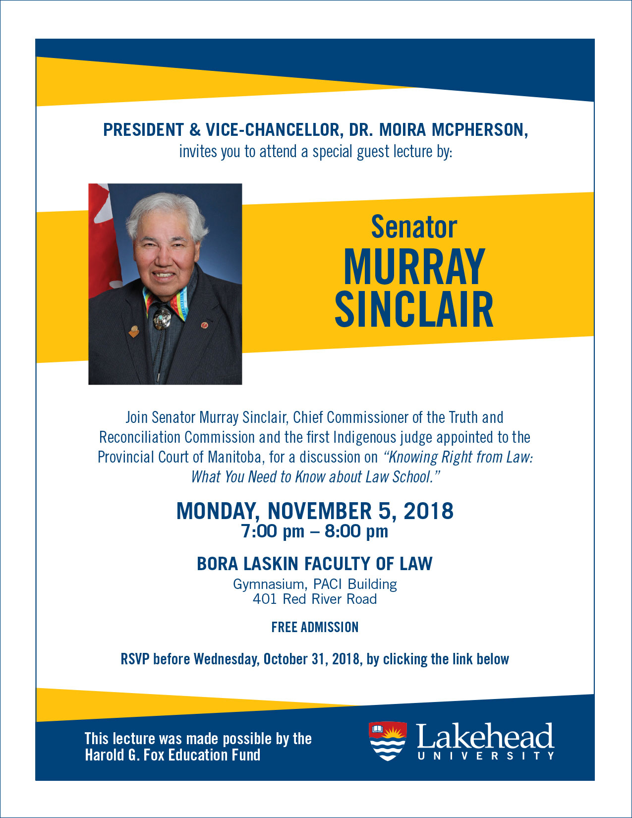 Poster for the upcoming lecture event featuring Murray Sinclair.