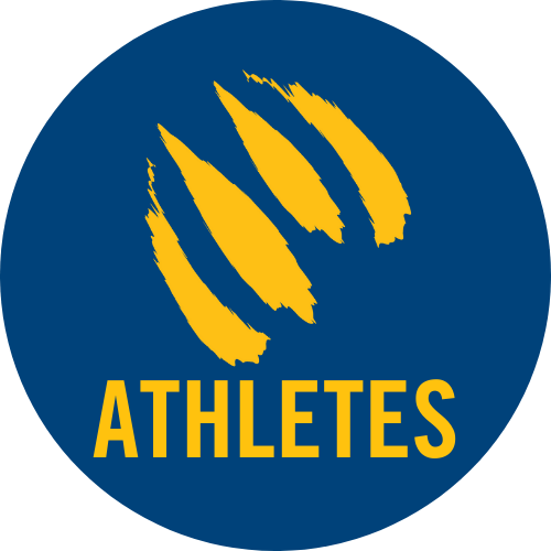 Blue circle with yellow claw marks and text reading Athletes