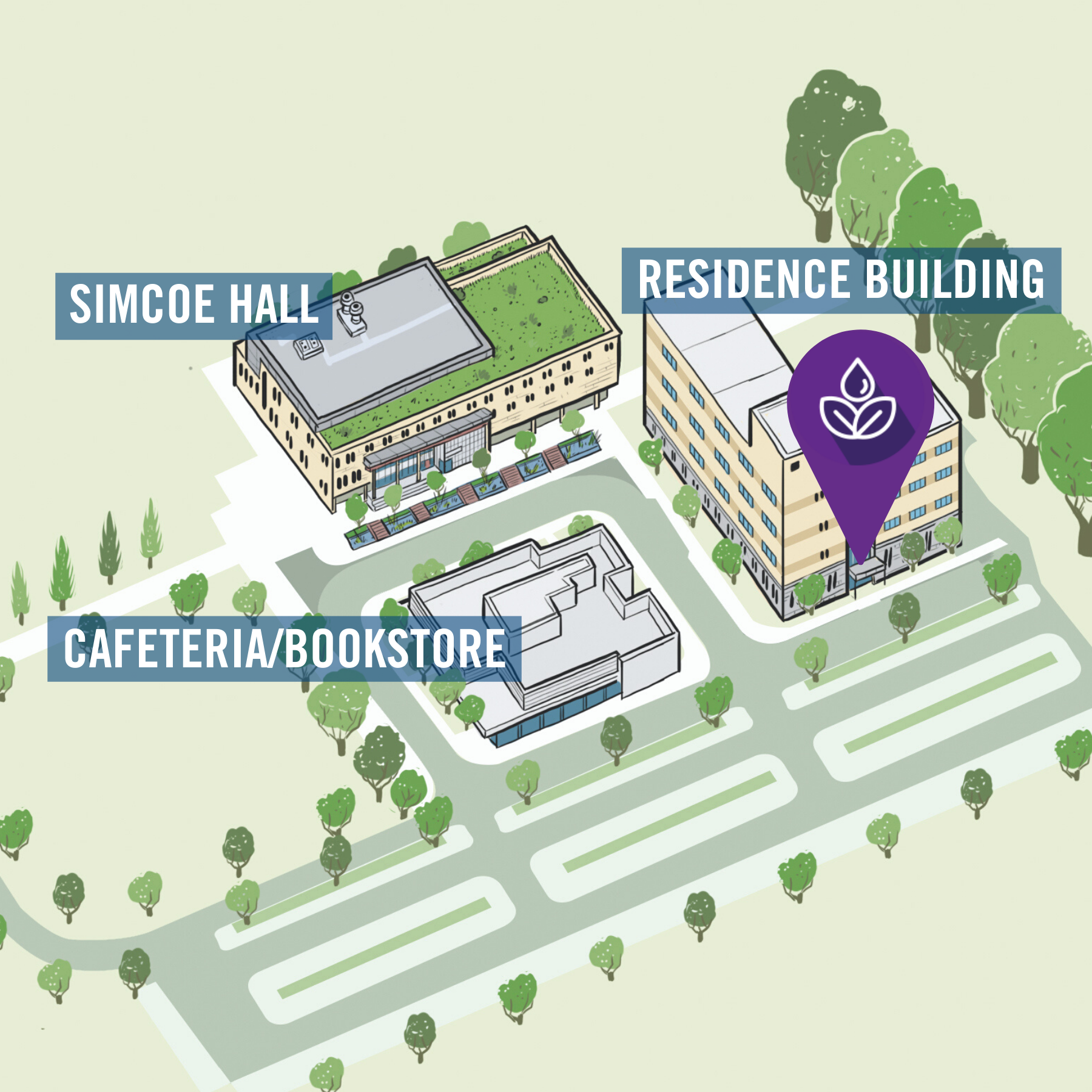 Orillia campus map with wellness centre location in the residence building