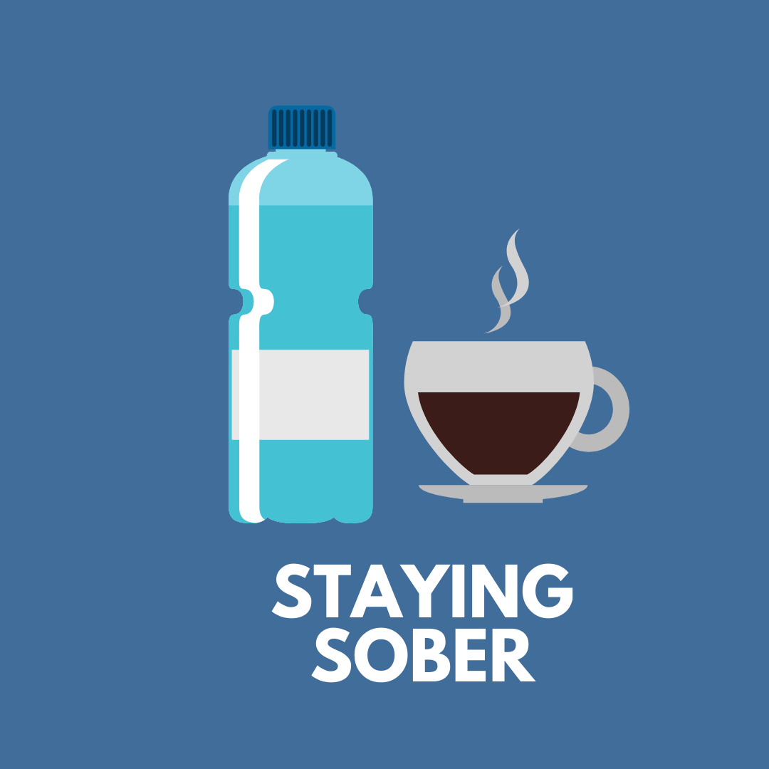Water bottle and coffee cup on blue background, text reads 