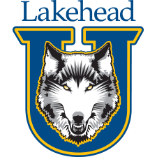 The Lakehead University Thunderwolves logo. This logo depicts a varsity U with a wolf's head coming through the center.