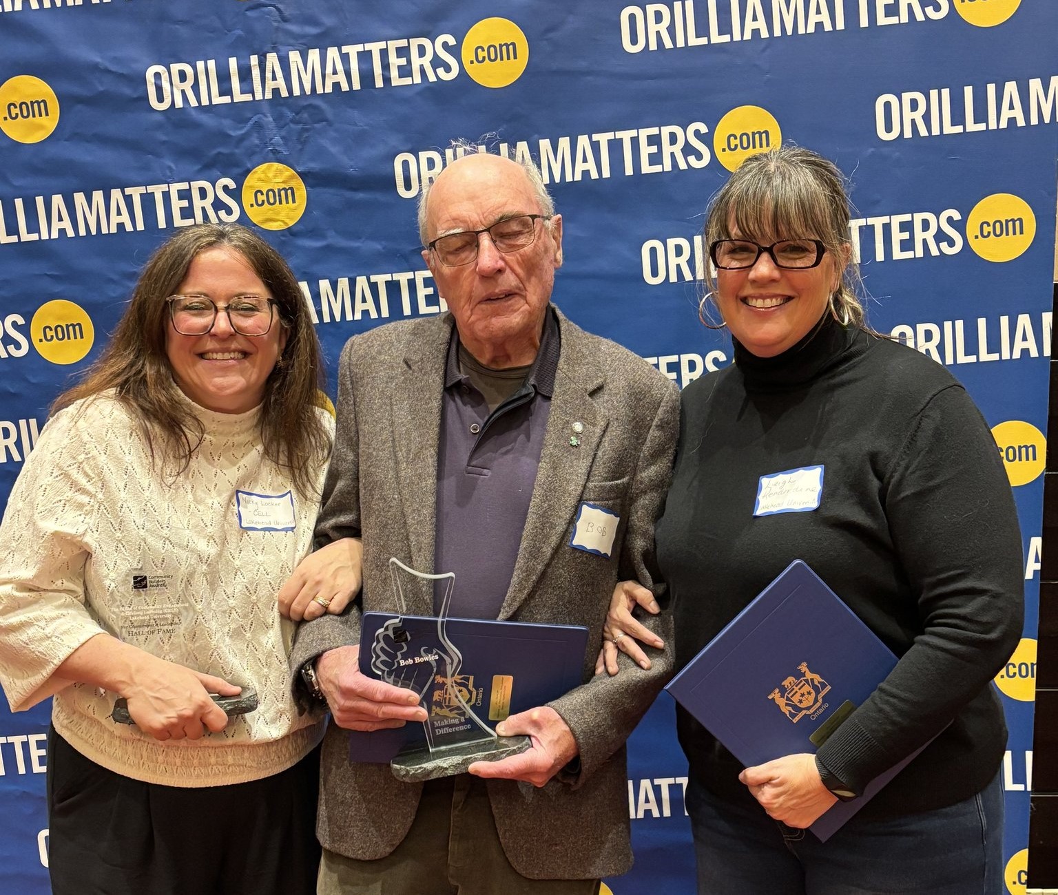 2025 OrilliaMatters Community Builders Awards Ceremony CELL Director Nicky Locker, Bob Bowles, and Lakehead Administrative Officer and EA Leigh Kenderdine at the 2025 OrilliaMatters Community Builders awards ceremony.