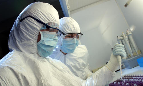 Students in masks and coats in the lab