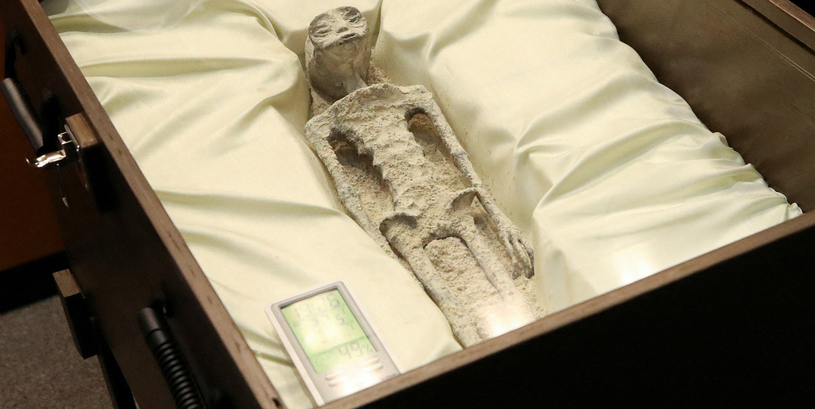 A purported alien corpse rests in a glass-enclosed case
