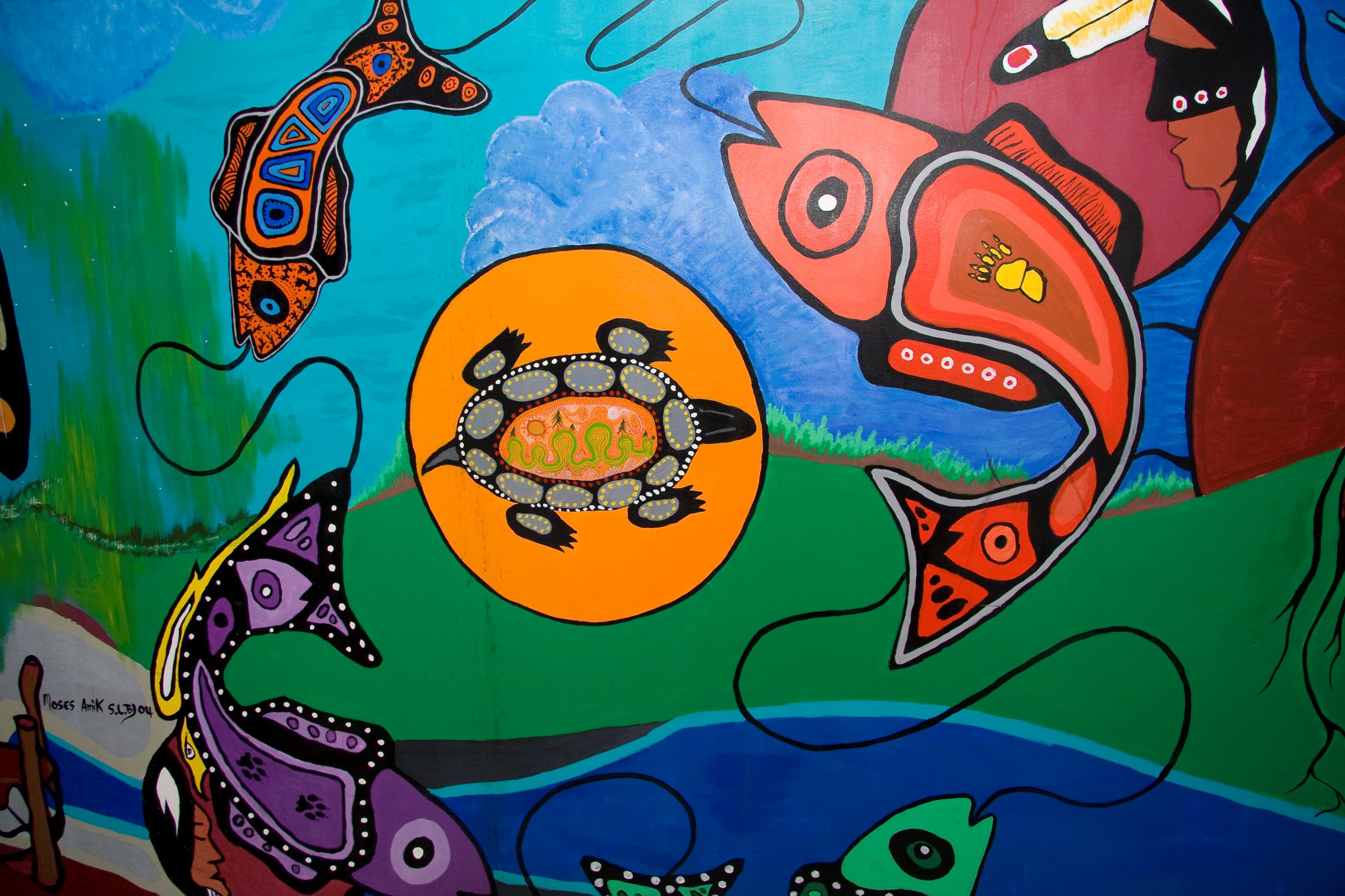 Indigenous wall mural, Lakehead Thunder Bay campus