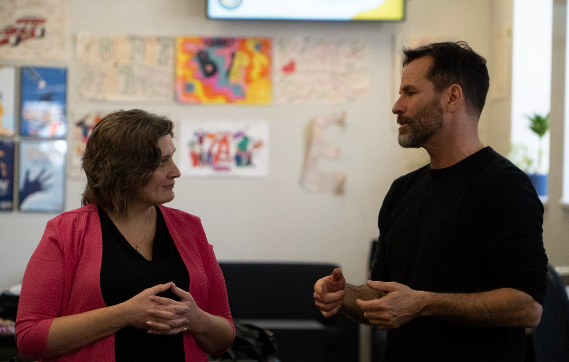 Dr. Linda Rodenburg and Dr. Gary Pluim Dr. Linda Rodenburg and Dr. Gary Pluim have a conversation during the Global Youth Summit at Lakehead Orillia in 2025
