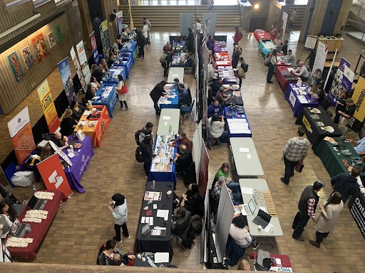 Students can be seen enjoying the career fair in the agora on Lakehead Thunder Bay's campus