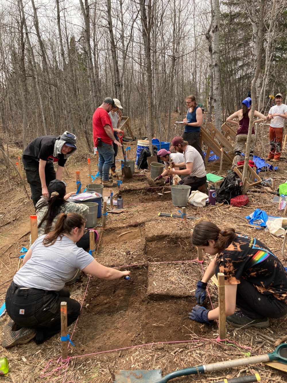 Photo of people working in an excavation site in the forest near Lakehead University