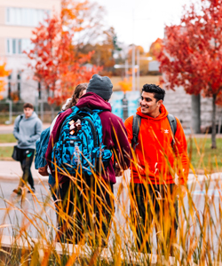 Photo of students talking and walking outside during a beautiful fall day