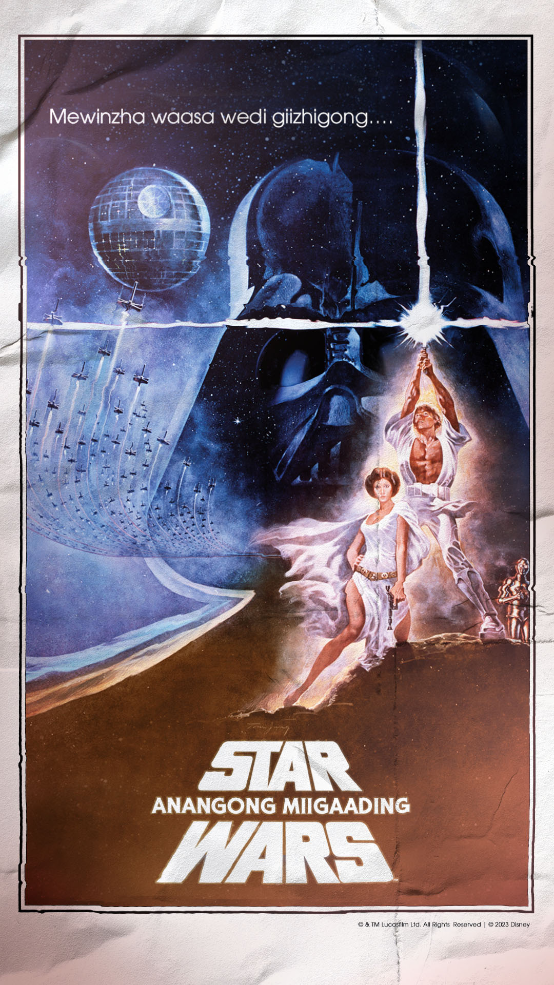 Star Wars poster with Luke Skywalker and Princess Leiapromoting the Anishinaabemowin version of Star Wars: A New Hope