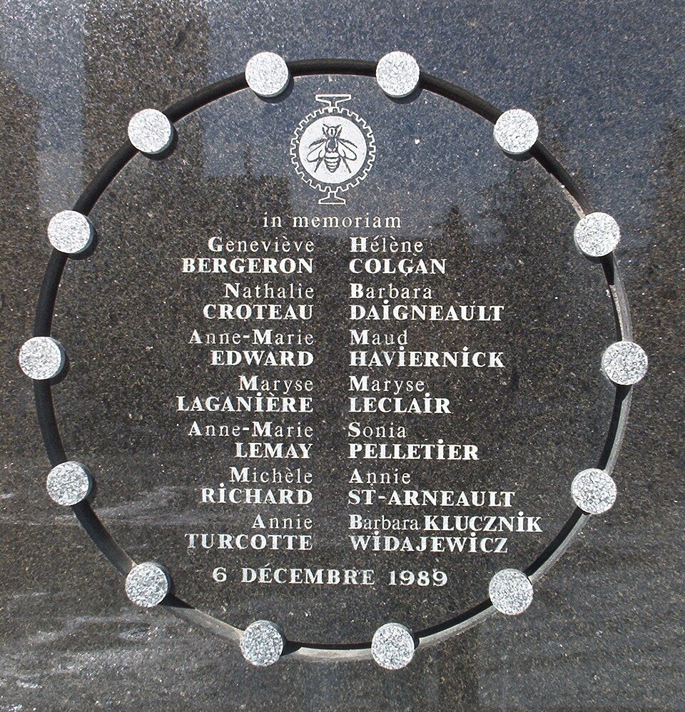 The commemorative granite plaque on the wall of Montreal's École Polytechnique listing the names of the women who were murdered at the school on December 6, 1989  