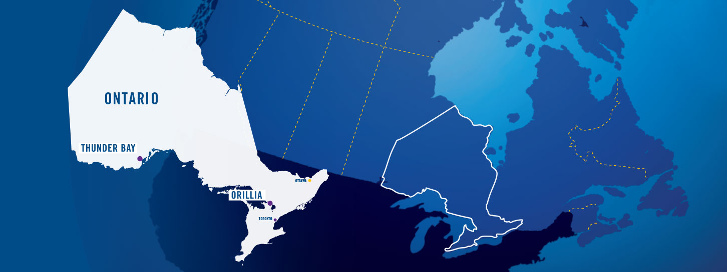 Map of Ontario showing Lakehead's Thunder Bay and Orillia campuses
