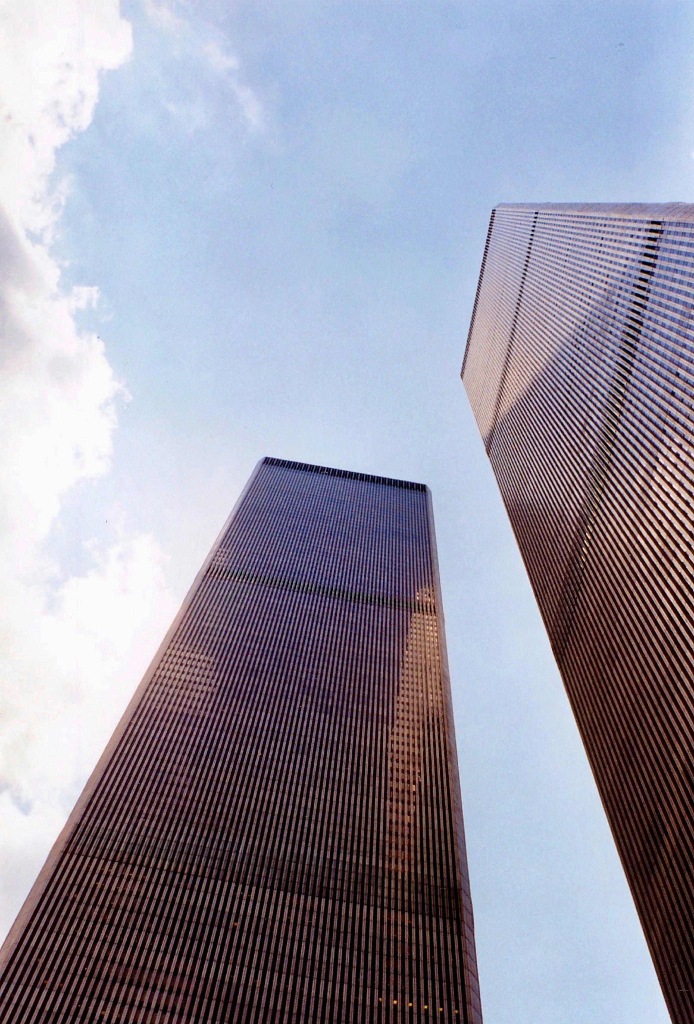 A view looking up of New York City's Twin Towers