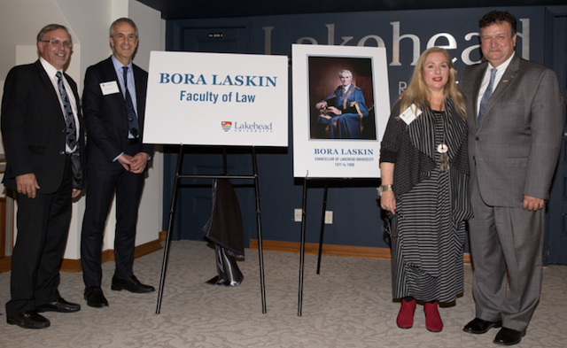 L-R: Faculty of Law Founding Dean Lee Stuesser, John B. Laskin, Barbara Laskin, and Lakehead President Brian Stevenson celebrate the official naming of the Bora Laskin Faculty of Law. L-R: Faculty of Law Founding Dean Lee Stuesser, John B. Laskin, Barbara Laskin, and Lakehead President Brian Stevenson celebrate the official naming of the Bora Laskin Faculty of Law.
