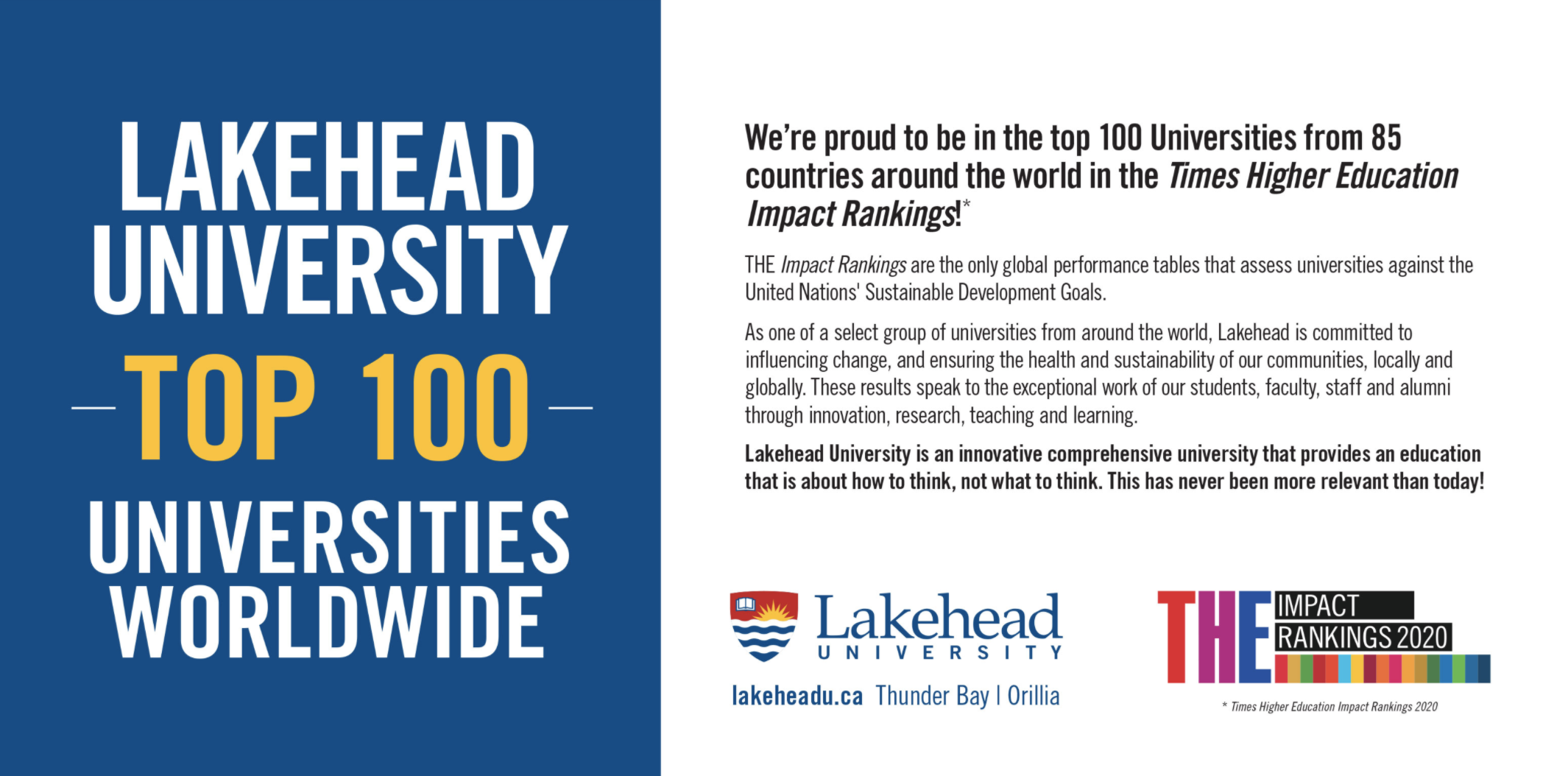 Lakehead University ranked Top 100 Universities Worldwide