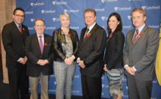 Pictured from left to right, Don Rusnak, MP for Thunder Bay-Rainy River; the Honourable Michael Gravelle, Minister of Northern Development and Mines; the Honourable Patty Hajdu, Minister of Status of Women; Lakehead President and Vice-Chancellor Dr. Brian Stevenson; Dr. Amanda Diochon, Associate Professor in Geology; Dr. Andrew Dean, Vice-President, Research and Innovation.