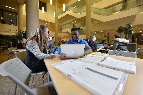 Two Lakehead students studying and discussing notes at Lakehead Orillia