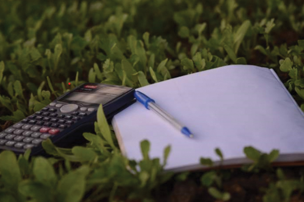 A photo of a calculator beside a notebook in grass