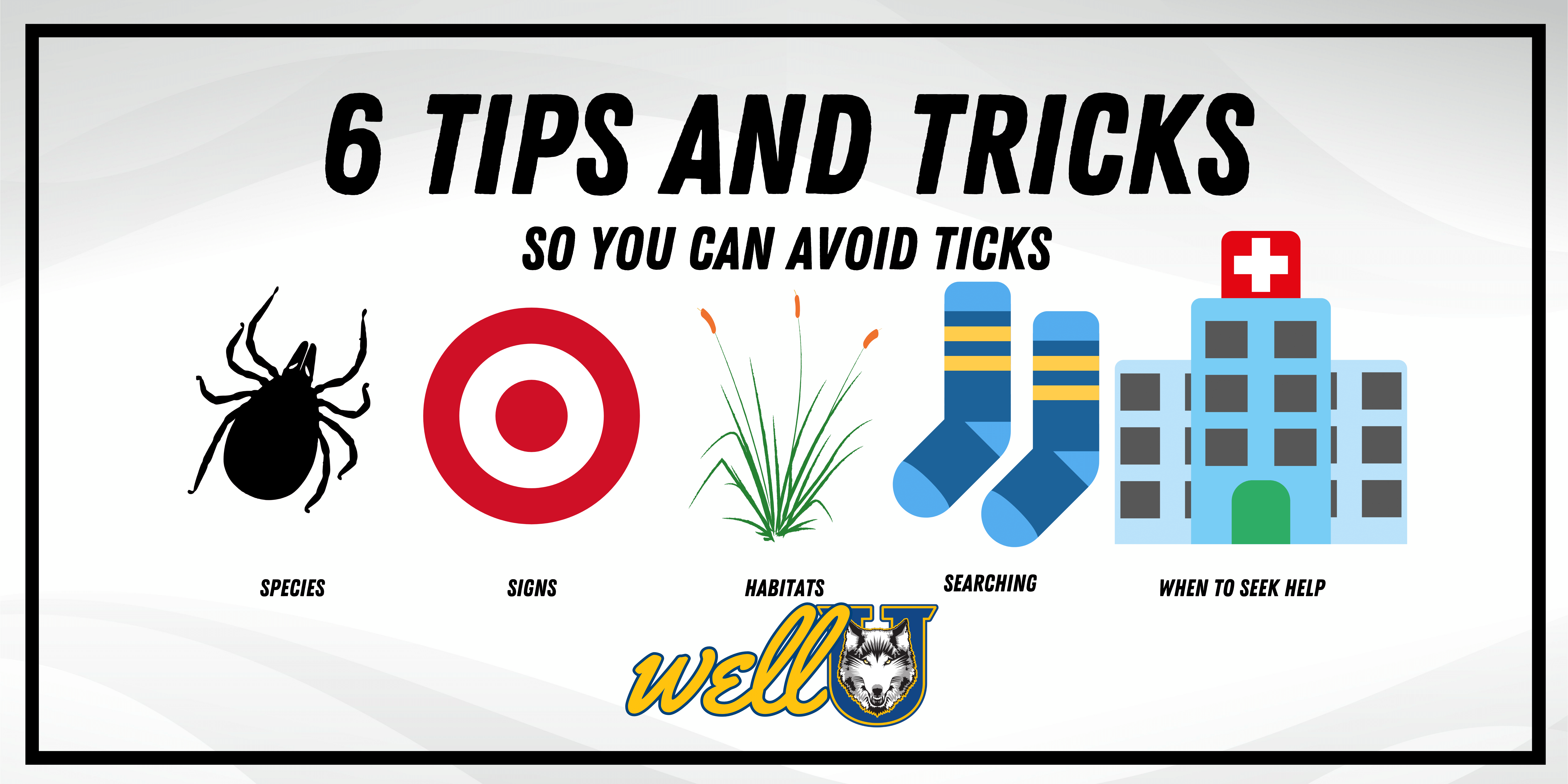 Shows a cartoon tick, a bullseye, some tall grass, a pair of socks, a hospital. It reads six tips and tricks so you can avoid ticks