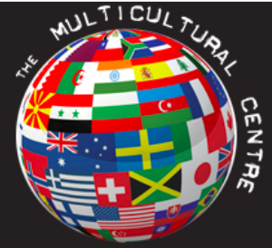 logo for the Multicultural centre. a globe made up of various flags.