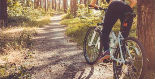 Lower half of someone biking down a path in a forest.