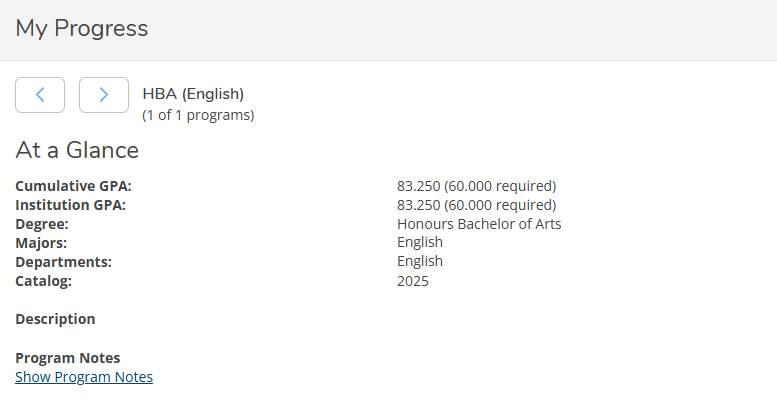 A screenshot of the My Progress tool showing general program information like GPA, degree, major, department and catalog