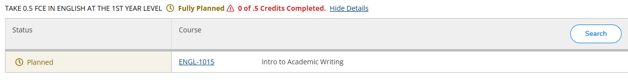 A screenshot of the My Progress tool showing planned requirements