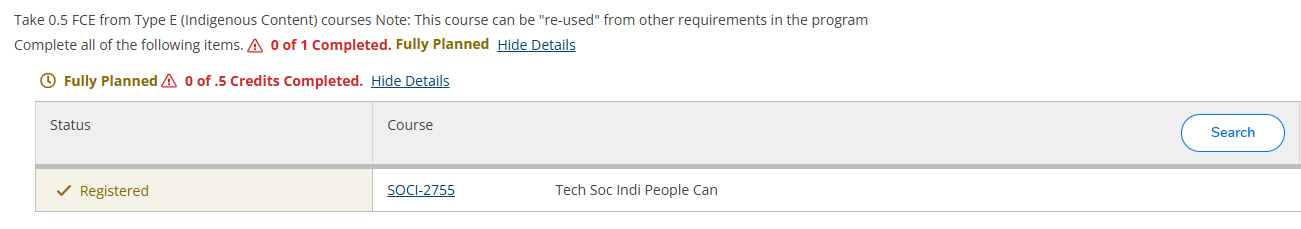 A screenshot of the My Progress tool showing registered but not started  requirements