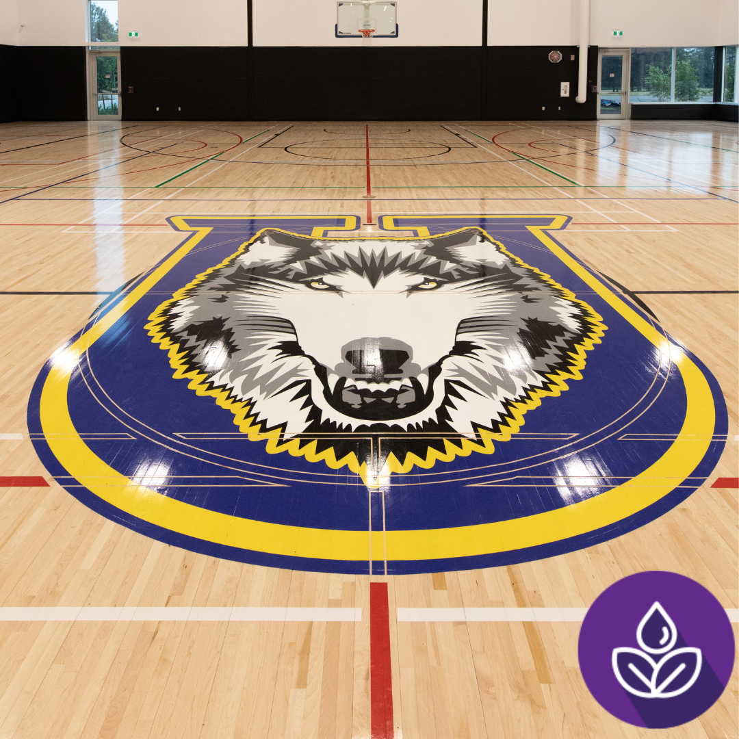 Gym floor with thunderwolves logo