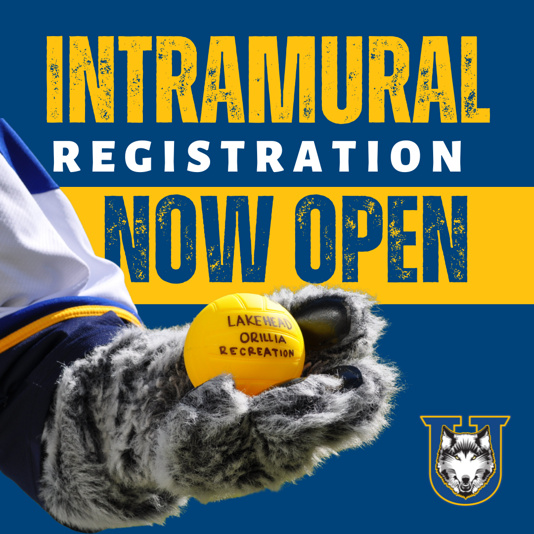 Wolfie holding a yellow ball with the writing Lakehead Orillia recreation