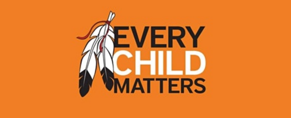 Every Child Matters with feather on orange background