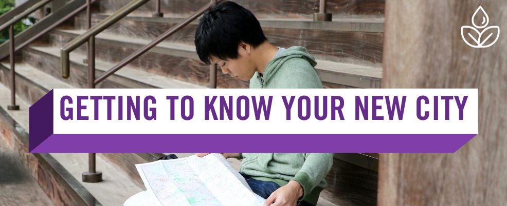 Image of a student sitting on steps reading a map with text that says getting to know your new city