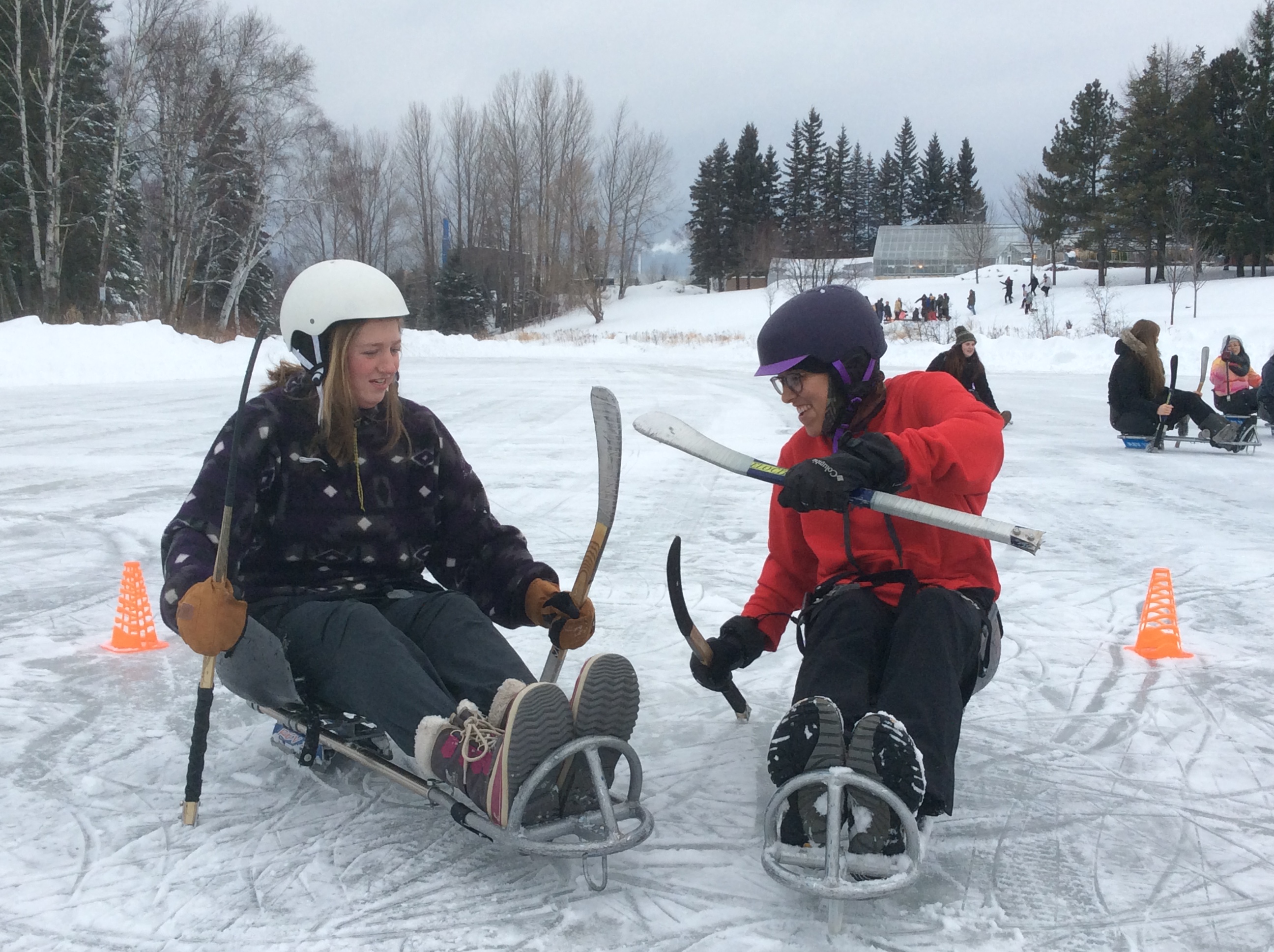 Students playing sledge hockey