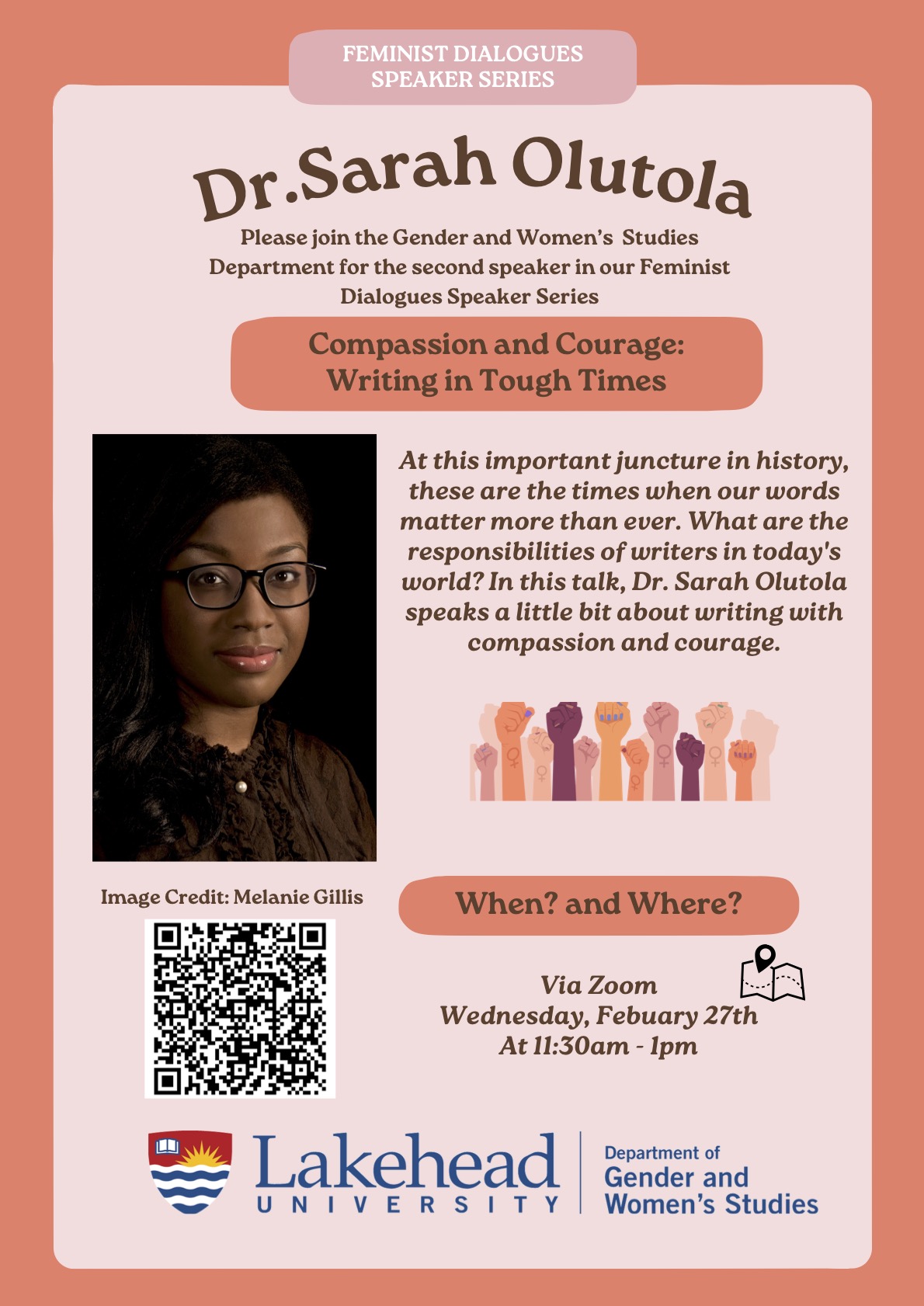 Dr. Sarah Olutola, poster contains QR code but text is provided on website details.