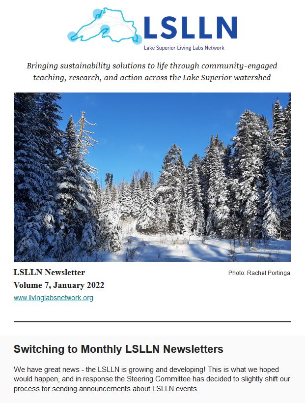 The front page of the Lake Superior Living Labs Network featuring a photo of a snowy forest
