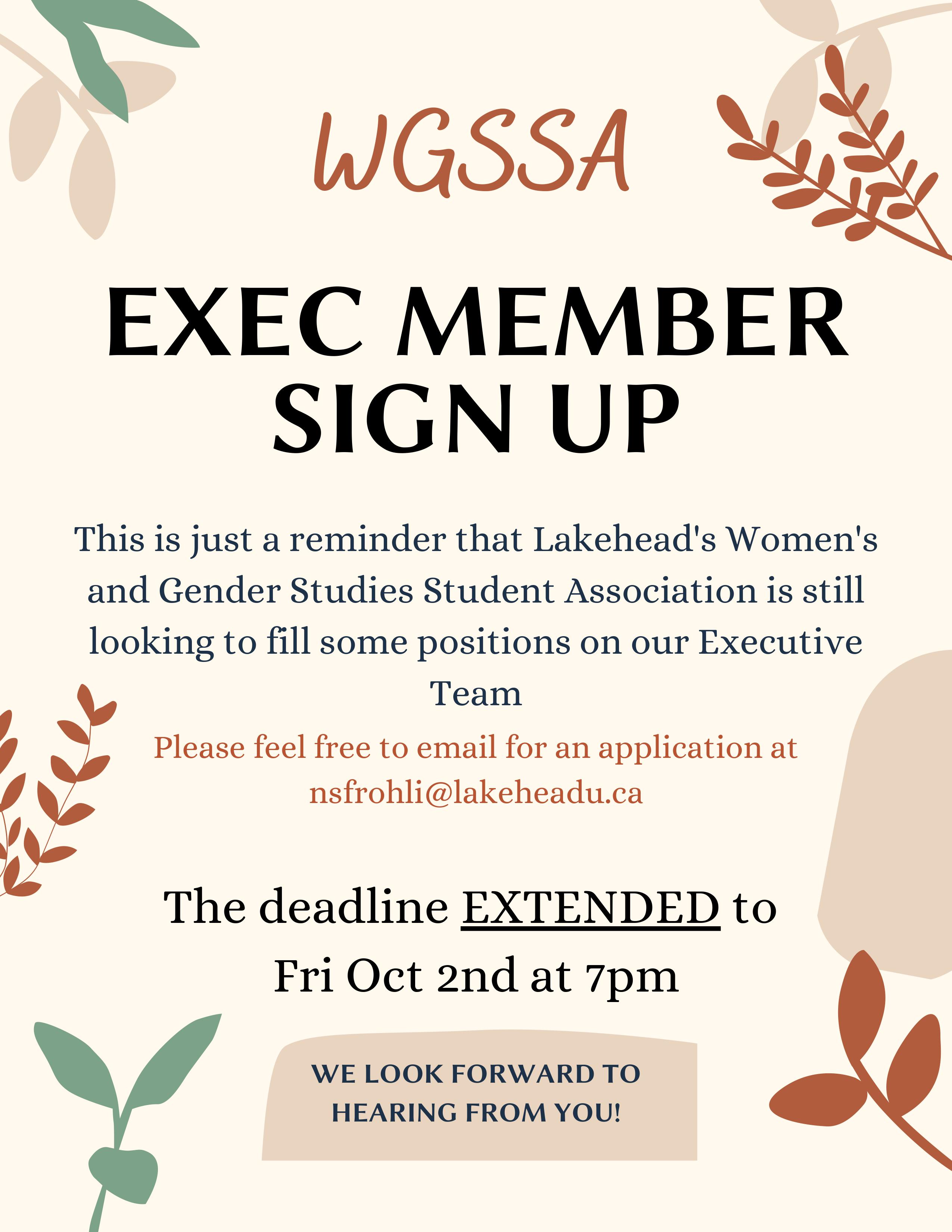 This is just a reminder that Lakehead's Women's and Gender Studies Student Association is still looking to fill some positions on our Executive Team. Please feel free to email for an application at nsfrohli@lakeheadu.ca. The deadline EXTENDED to Fri Oct 2nd, 2020 at 7pm. WE LOOK FORWARD TO HEARING FROM YOU!