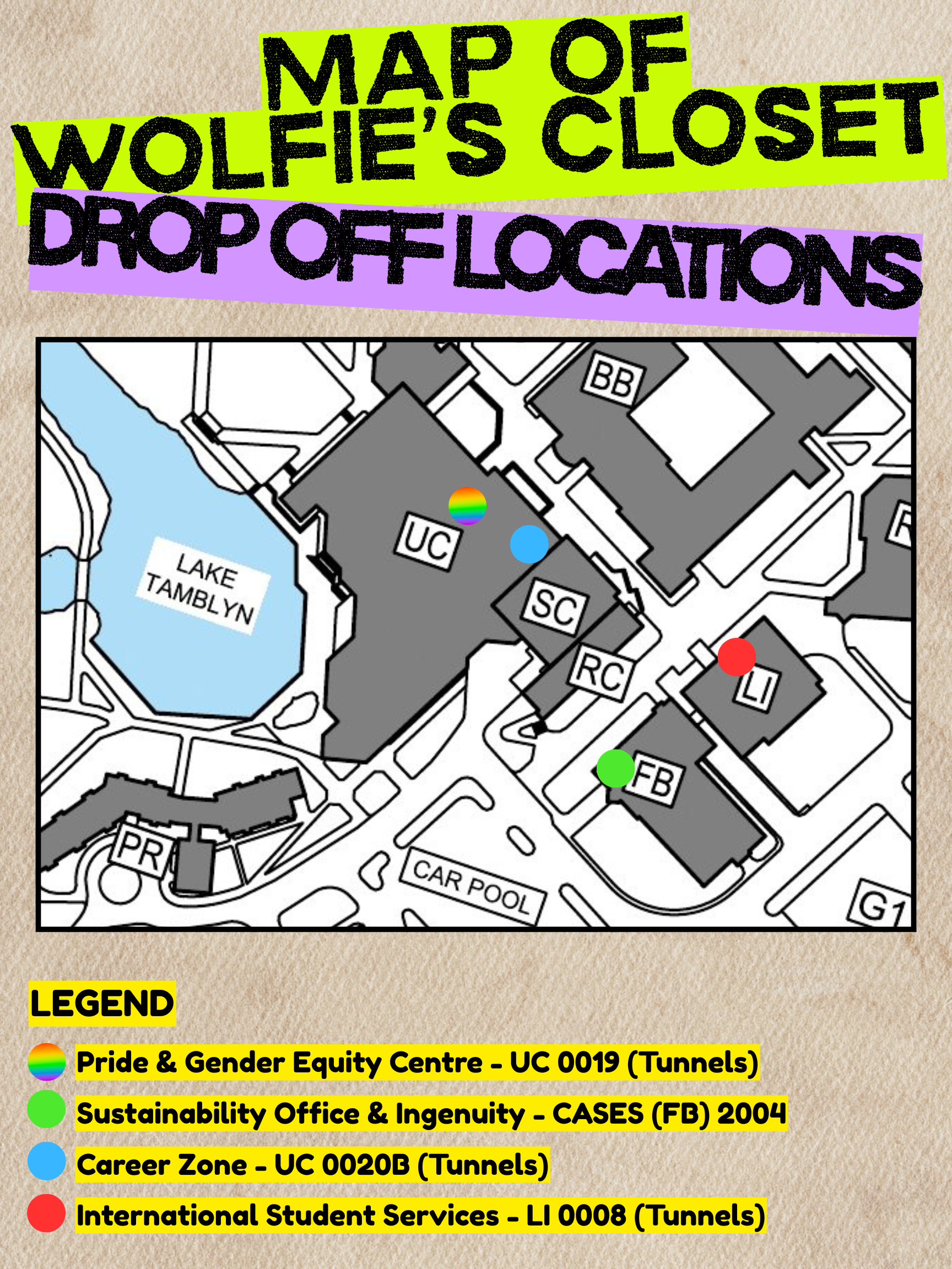 Map of Wolfie's Closet locations on Thunder Bay campus