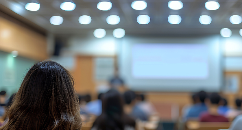 Blurred background of students in lecture room with projector screen