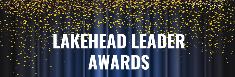 A banner that shows a blue stage curtain with gold confetti falling with the text, Lakehead Leader Awards