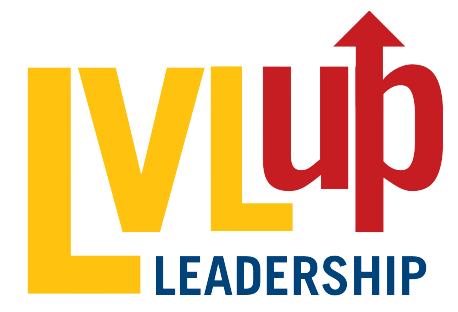 In the image there is the letters "LVL" (capitilized) in the Lakehead yellow, and the word "up" directly to the right in Lakehead red. The "p" on the word up is extended above to appear to be an arrow. Below the LVLup wording is the word "Leadership" in Lakehead blue.