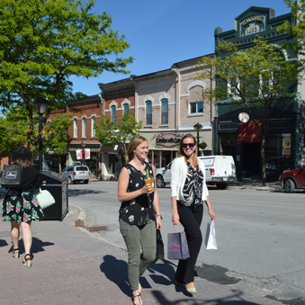 A shot of downtown Orillia full of beautiful historic buildings and boutique shops
